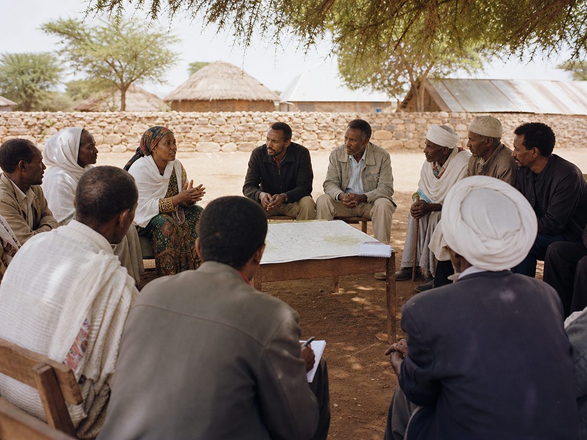Community planning meeting under an acacia tree in Tigray