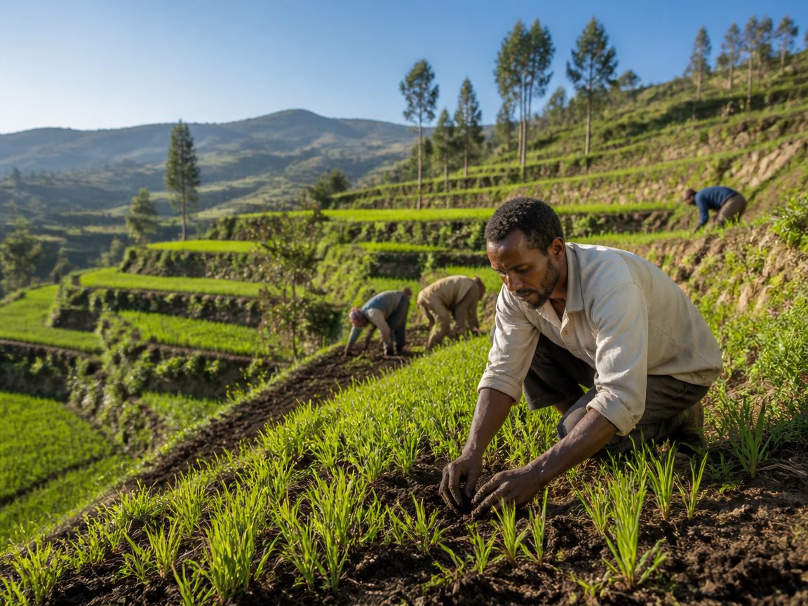 Farmer planting seedlings on green terraces in Tigray highlands