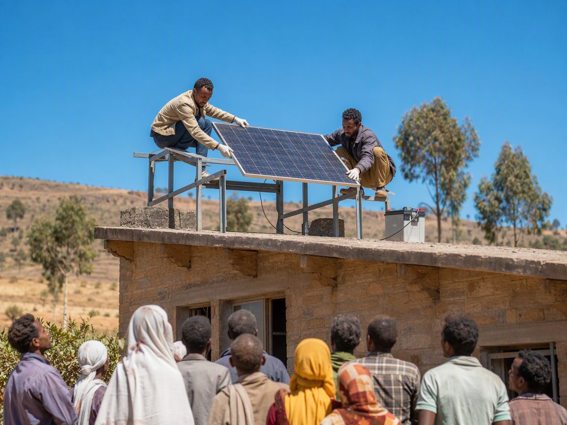 Technicians installing solar panels on a community building in Tigray