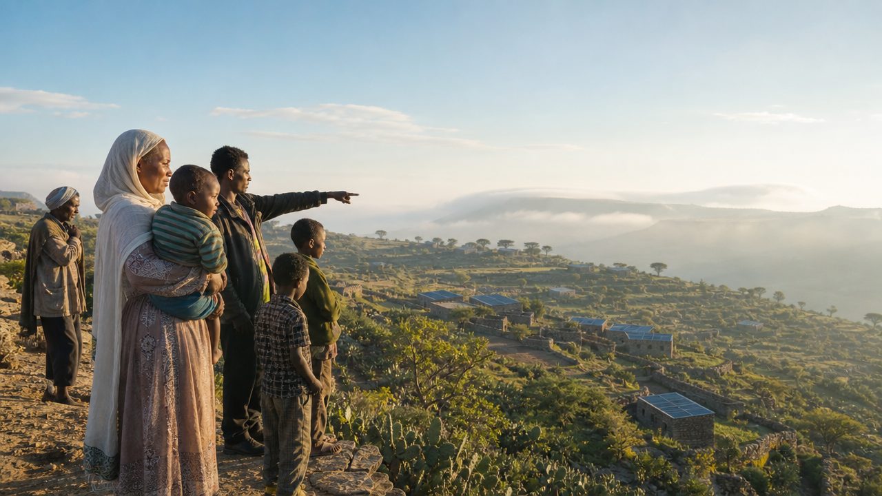 Communities of Tigray highlands looking toward a green valley with solar panels and rebuilt homes at golden morning light