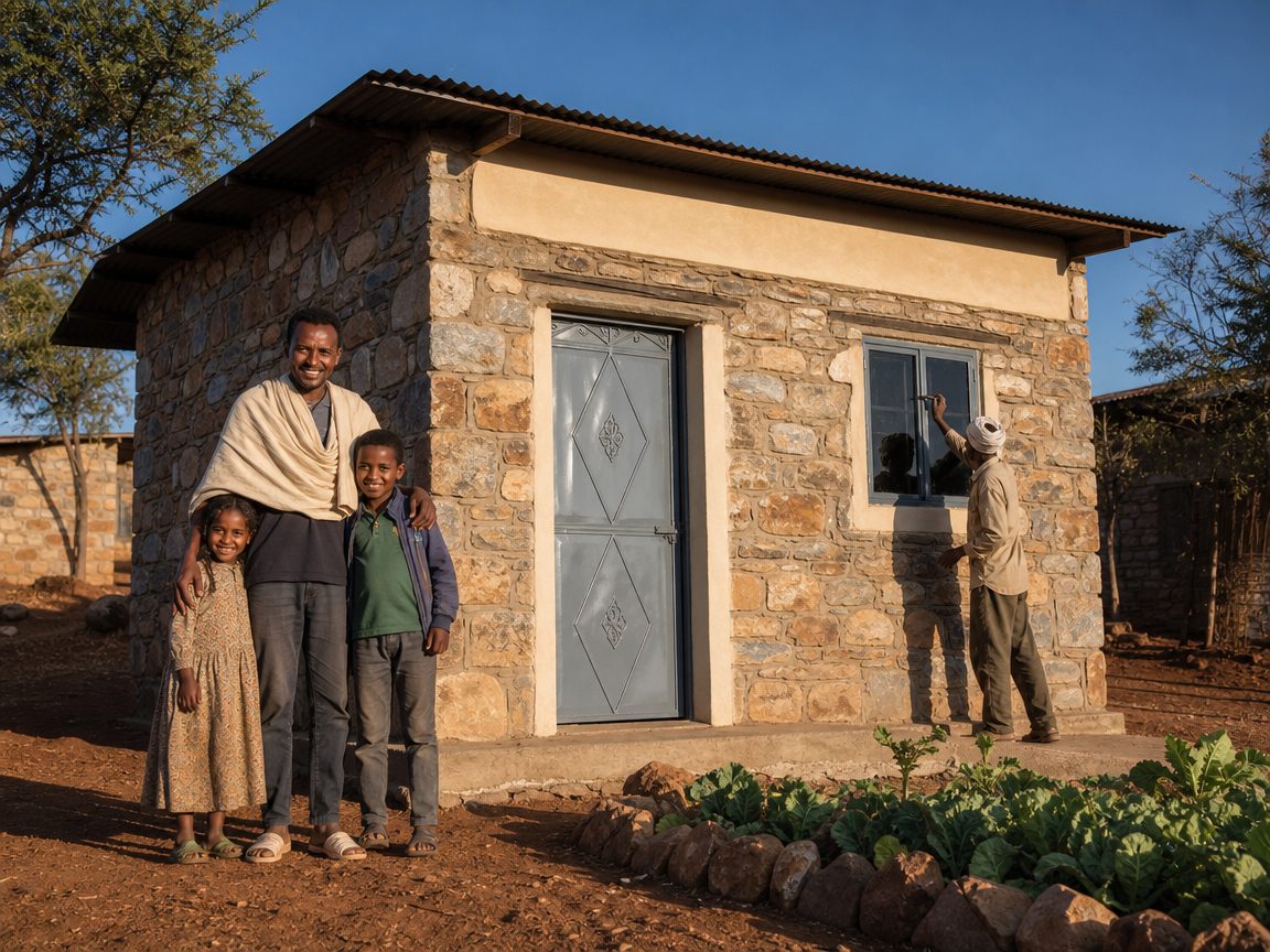 Newly rebuilt stone house in a Tigray village with a proud family