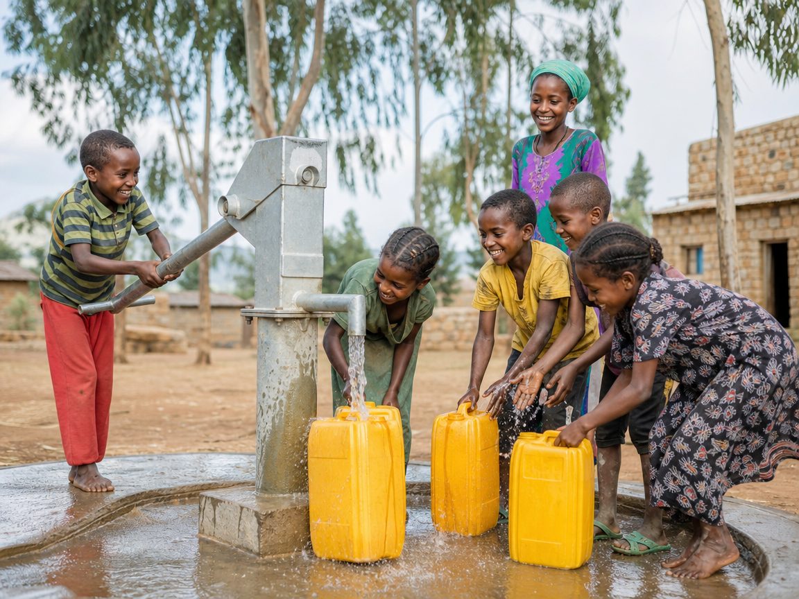 Children filling jerrycans from a new hand pump in a Tigray village